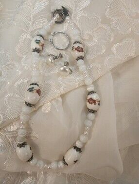 Vintage Jewelry Set, Ceramic & Pearl Necklace, Screw-Back Earrings & Accent Ring